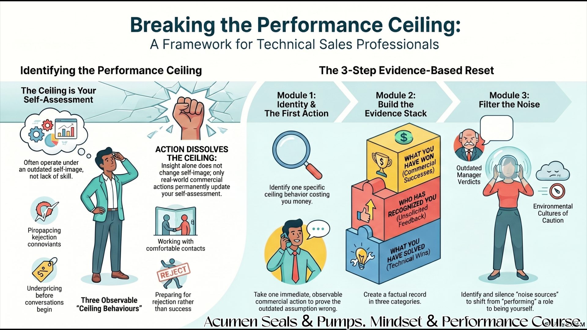 Breaking the Performance Ceiling: a framework for technical sales professionals, showing the three observable ceiling behaviours and the 3-step evidence-based reset across Modules 1, 2 and 3