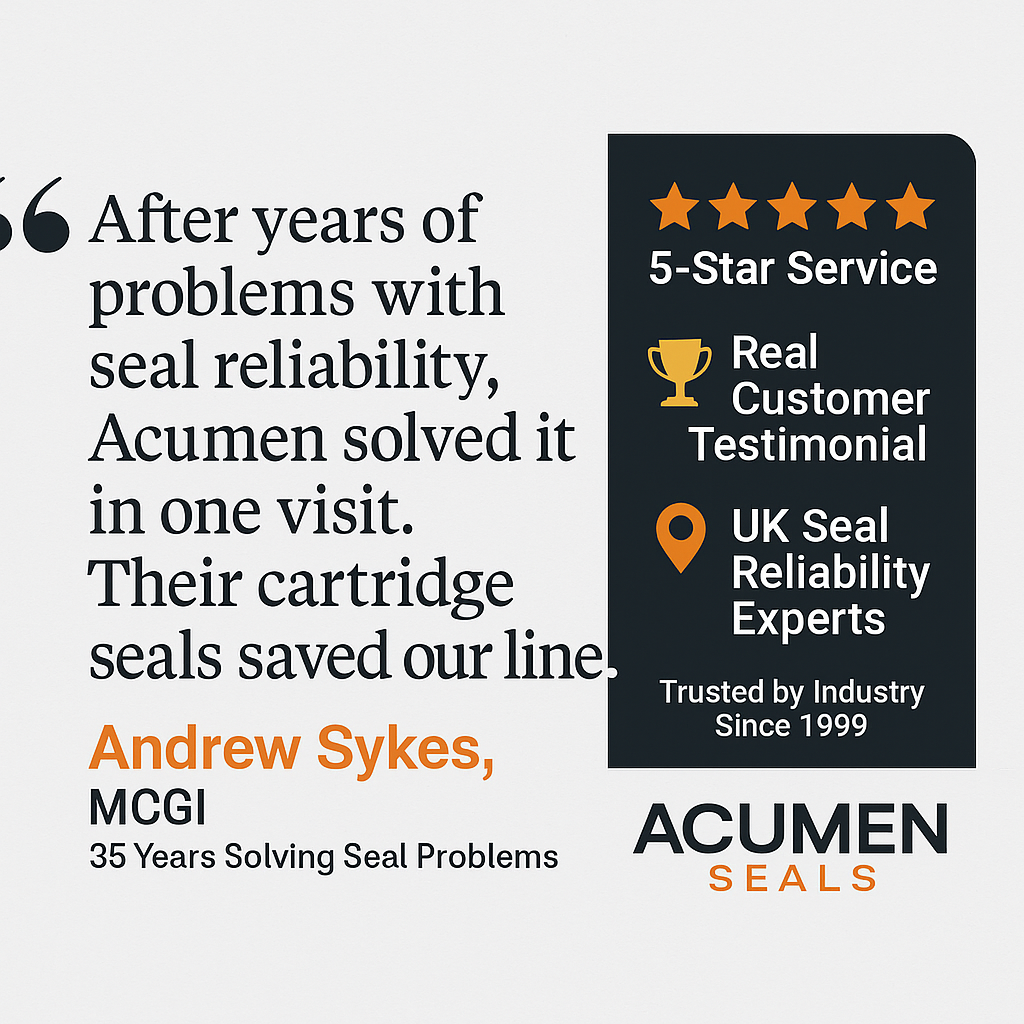 Client testimonials graphic for Acumen Seals, trusted UK seal experts since 1999